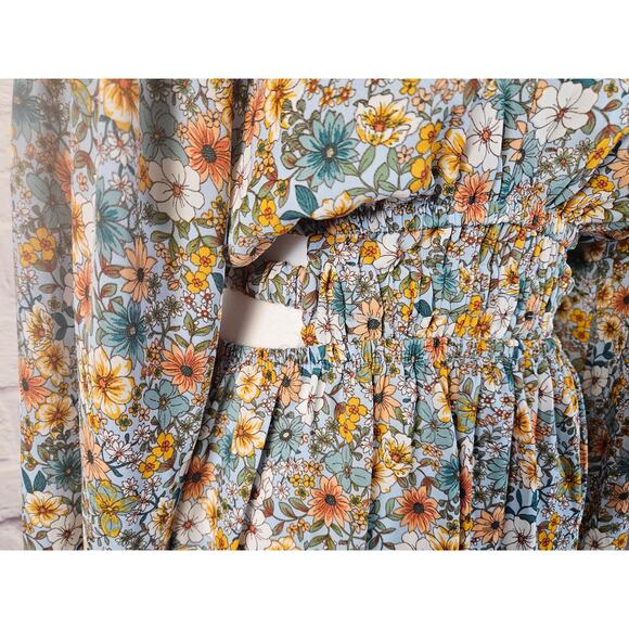 No Comment Womens L Floral‎ Dress & Side Waist Slits Puffy Sleeves Boho - Picture 13 of 16